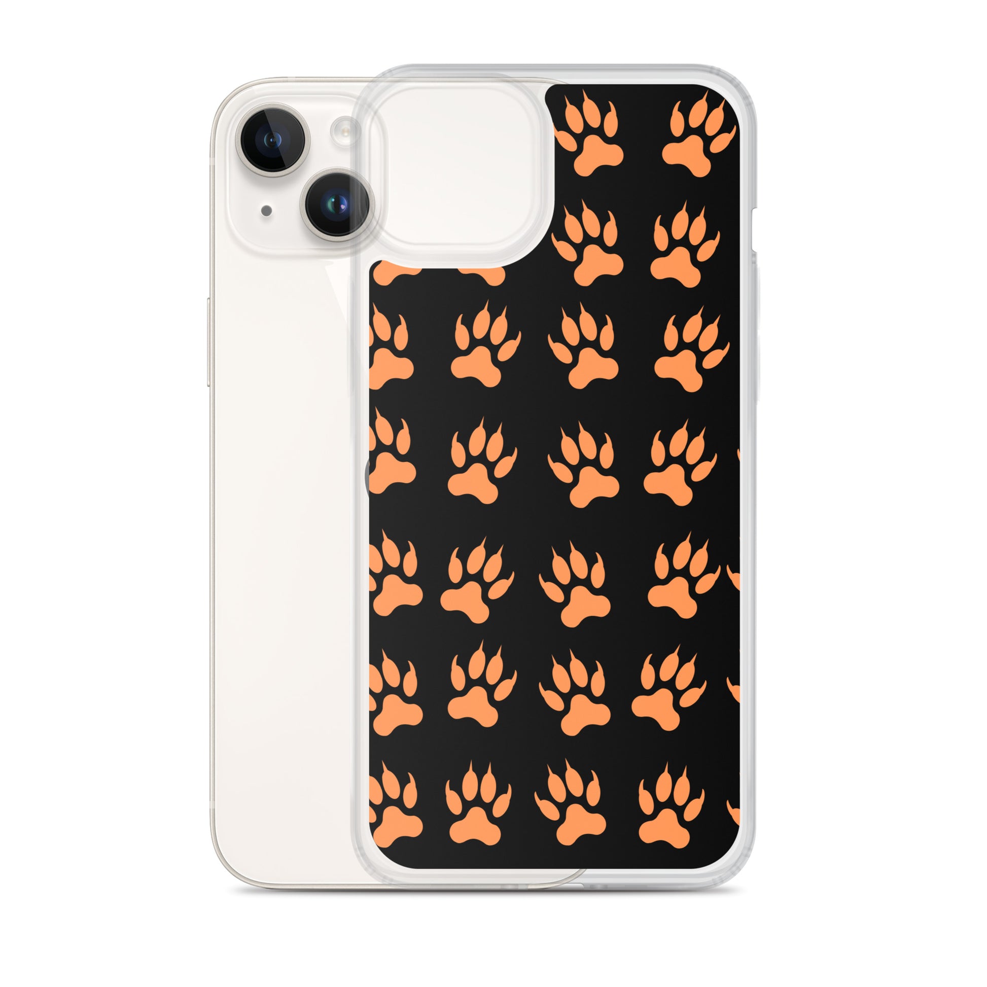 PJ Designs protective tiger paw phone cover with orange paw prints on black background for  iPhone
