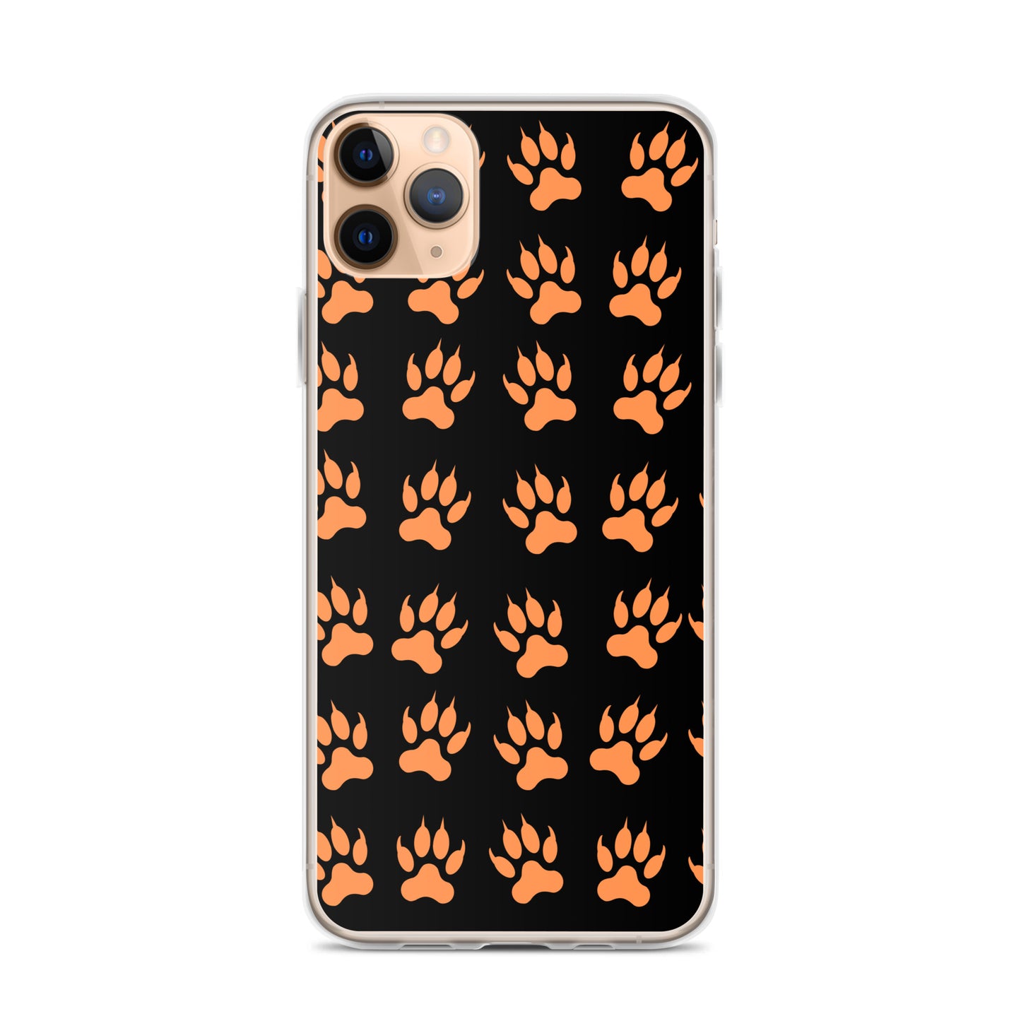 Protective tiger paw phone cover by PJ Designs with orange paw prints on black background