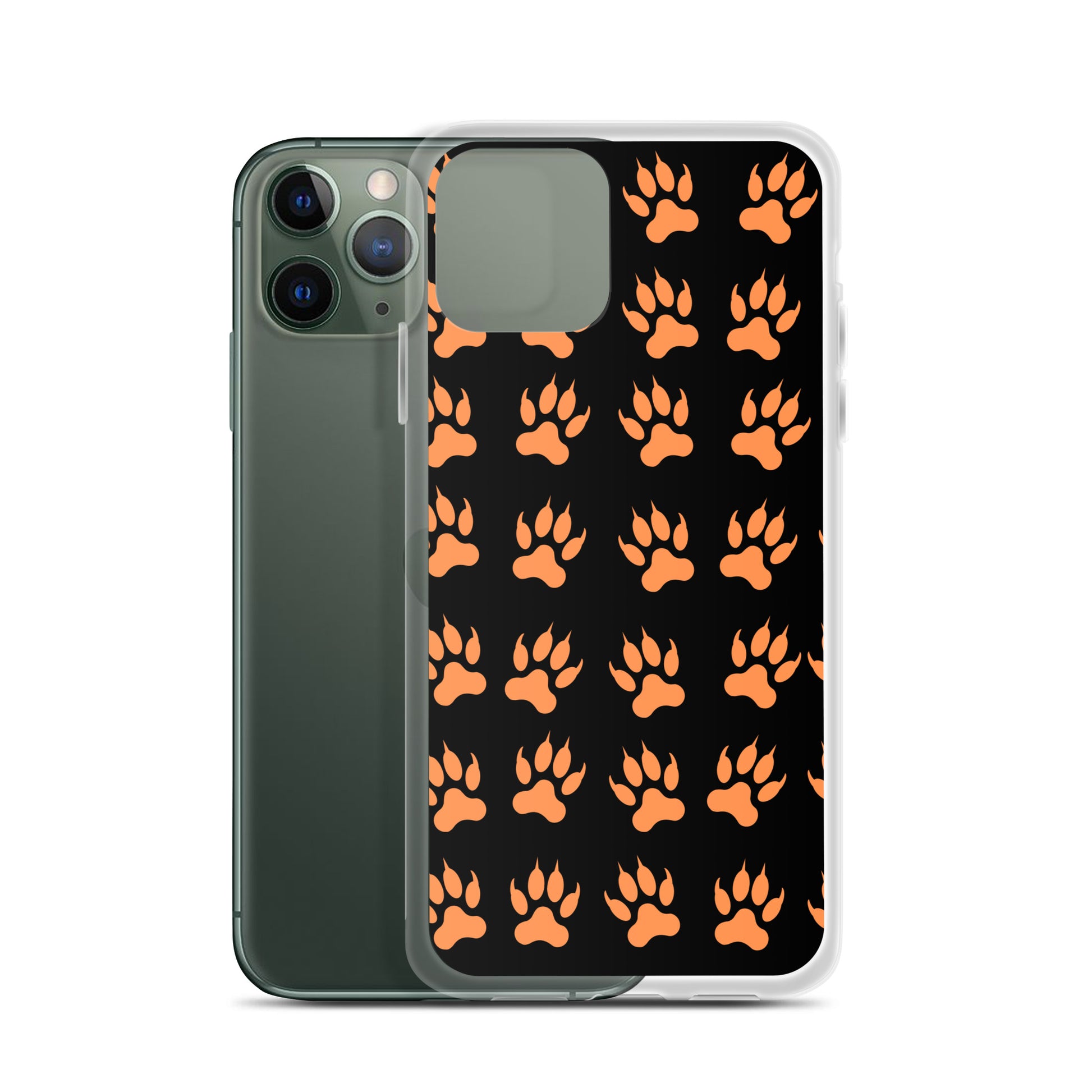 PJ Designs protective tiger paw phone cover with orange paw prints on black background for smartphone