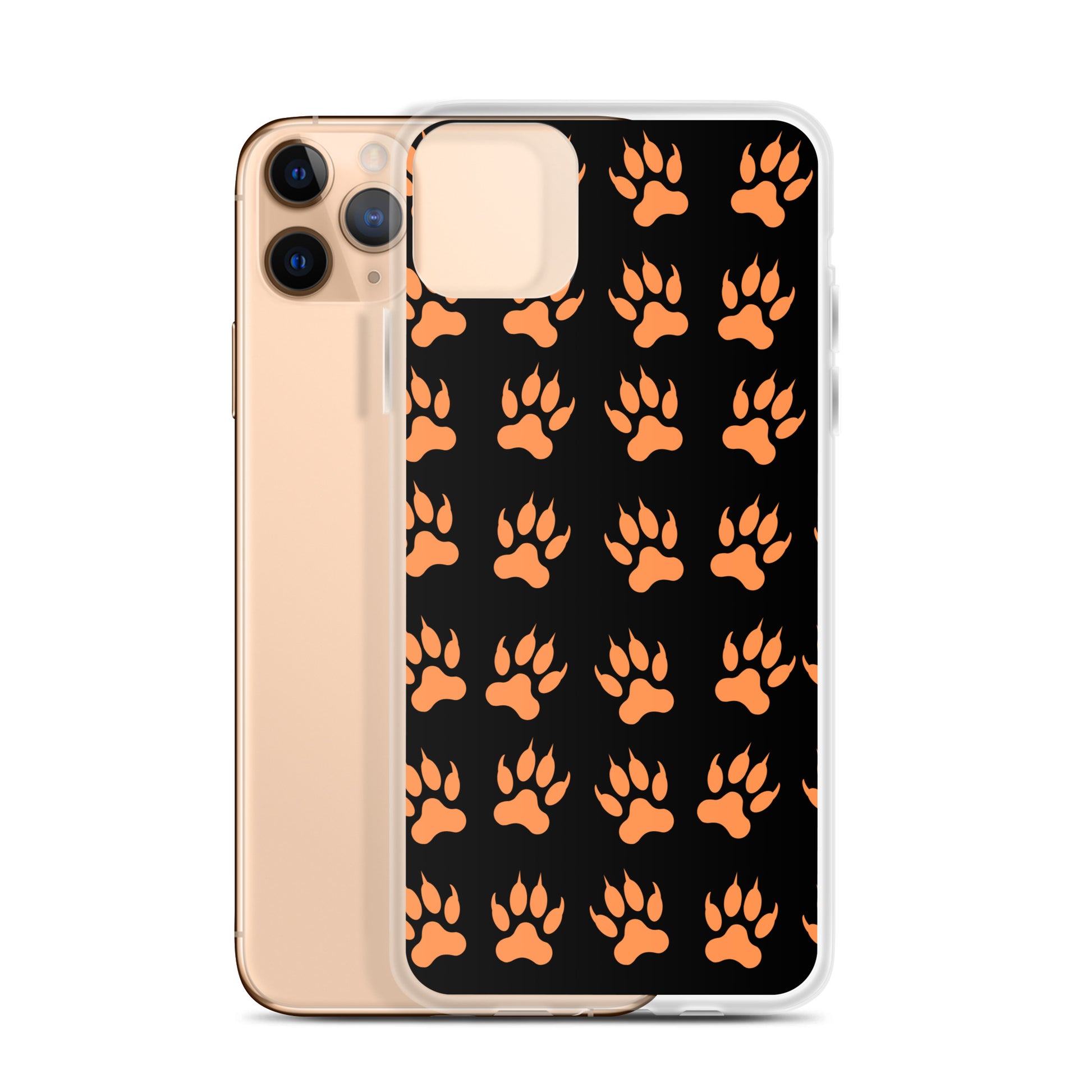 PJ Designs protective tiger paw phone cover with orange paw prints on black background for iPhones