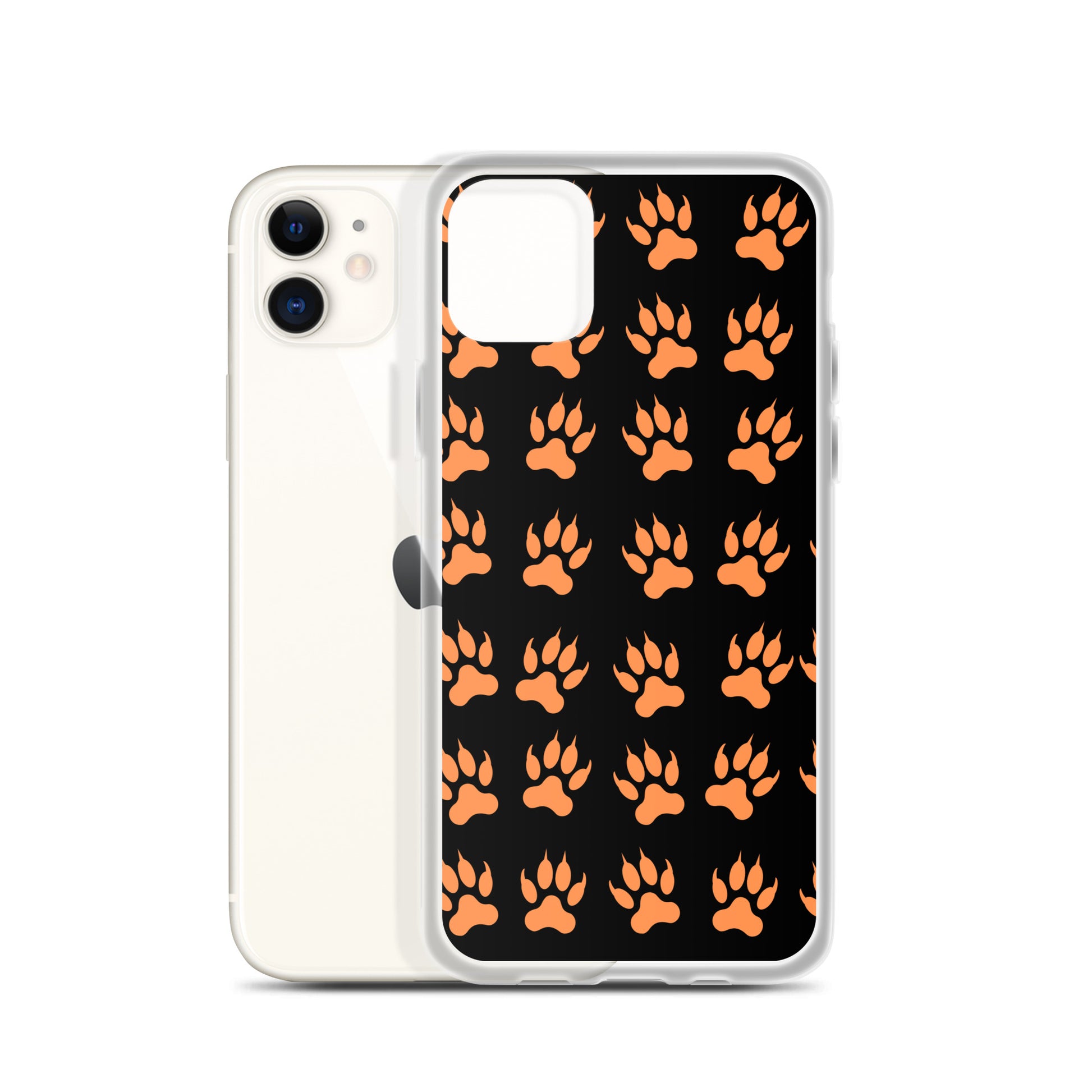 PJ Designs protective tiger paw phone cover with orange paw print on black background for iPhone