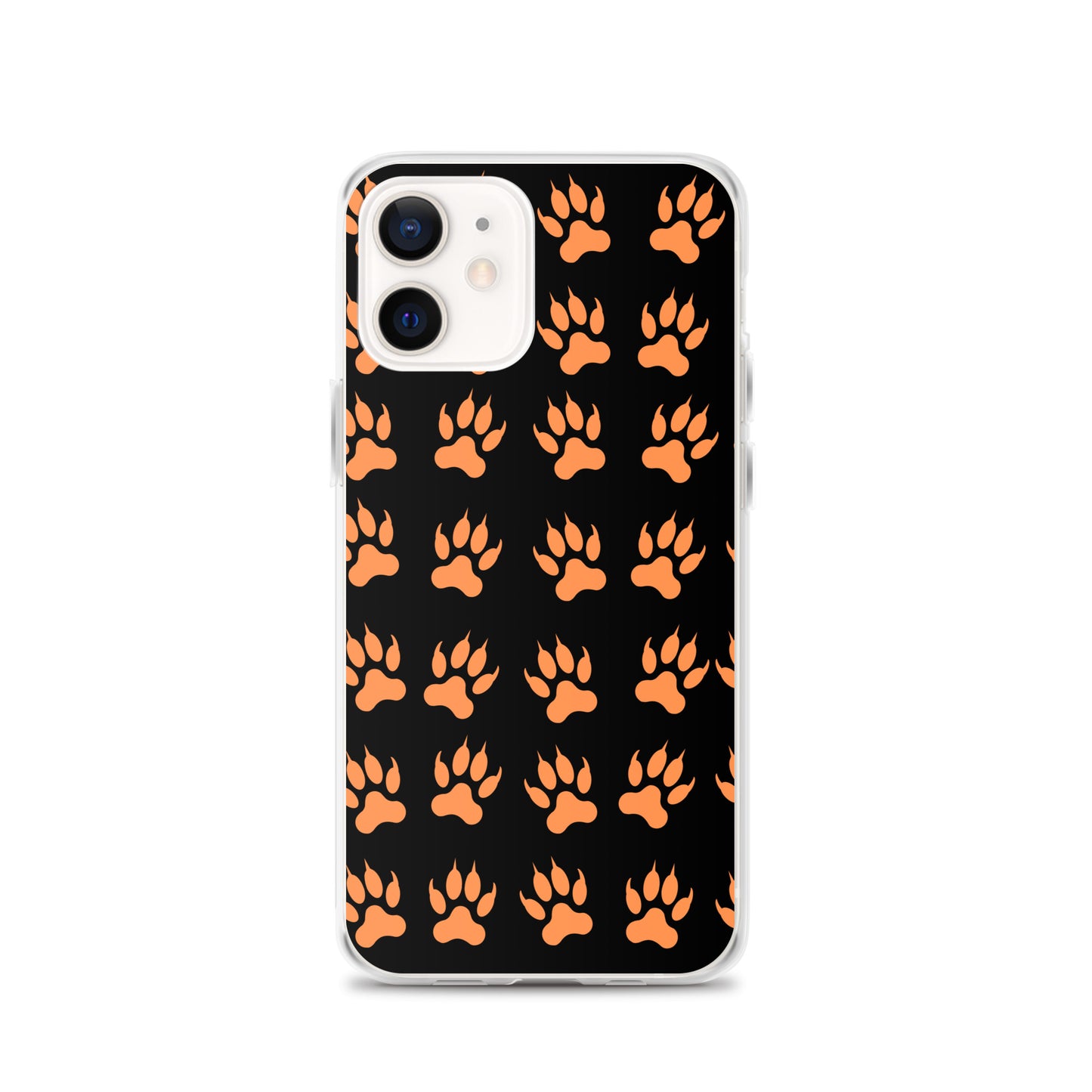 Protective tiger paw phone cover by PJ Designs with orange paw print pattern on black background
