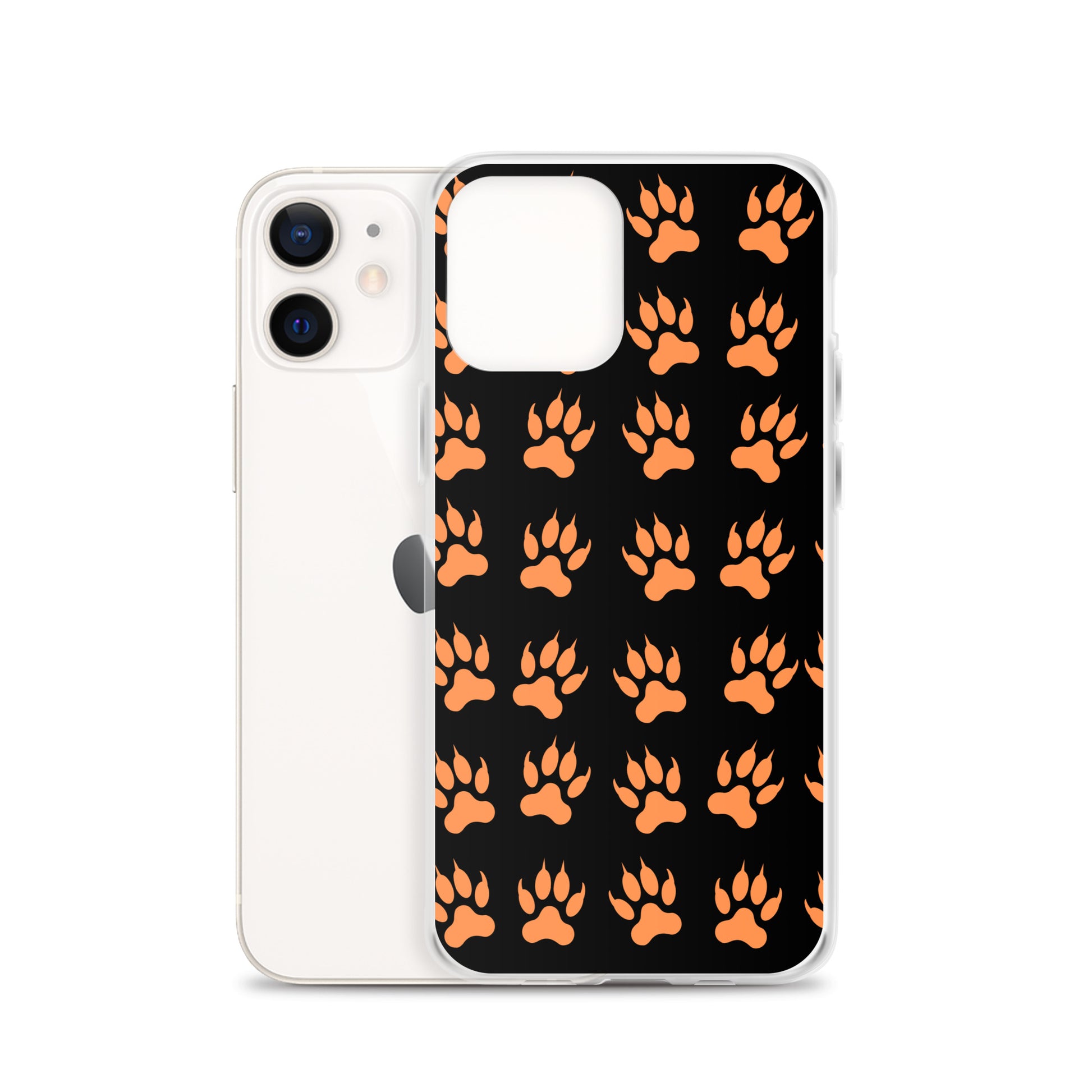 PJ Designs protective tiger paw phone cover  with orange paw prints on black background for iPhone