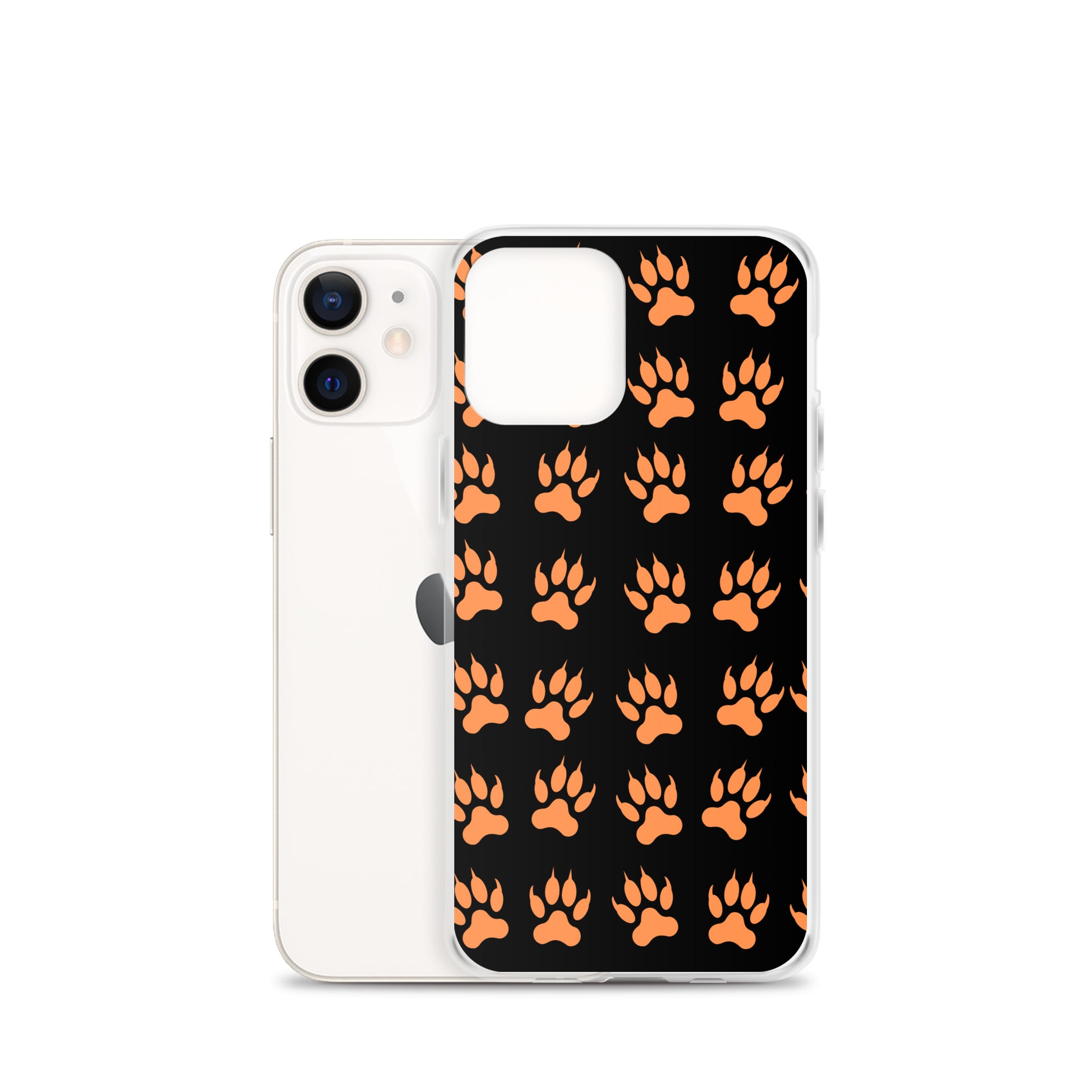 PJ Designs protective tiger paw phone covers with orange paw prints on black background