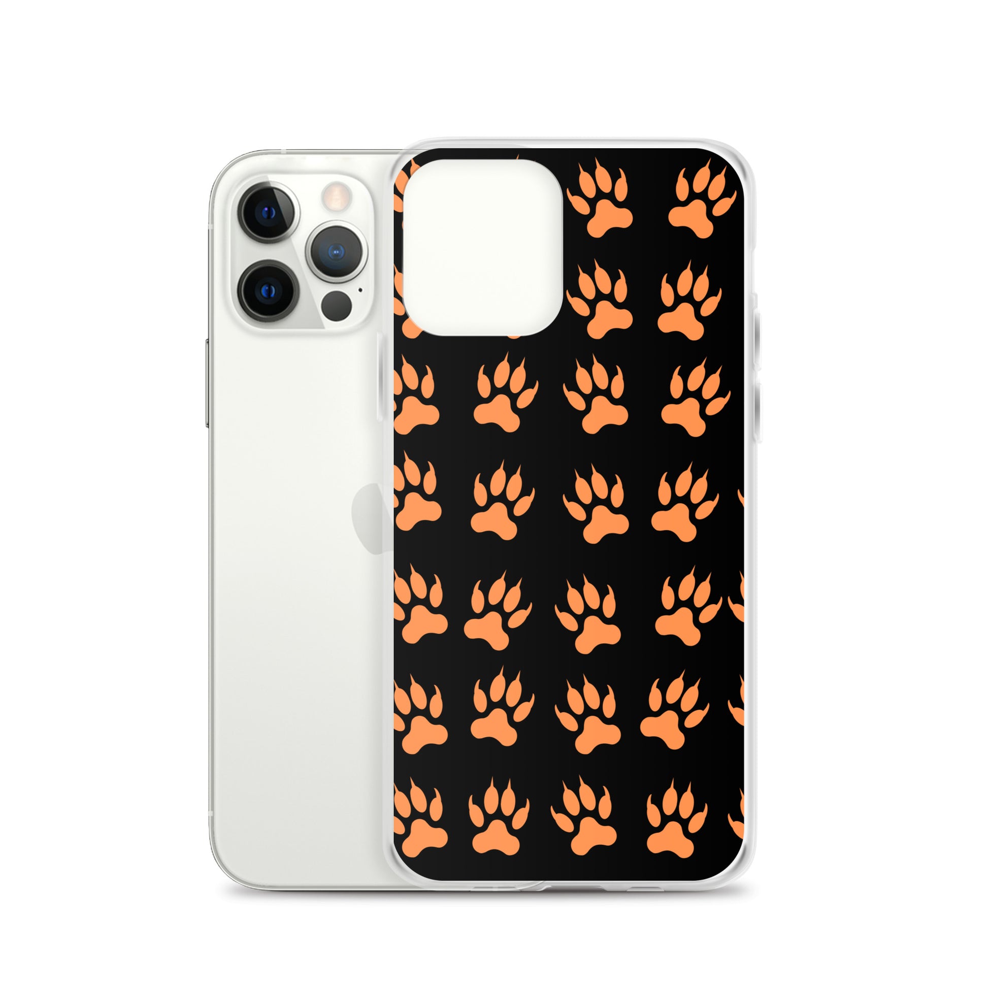 PJ Designs protective  tiger paw phone cover with orange paw prints on black background for iPhone