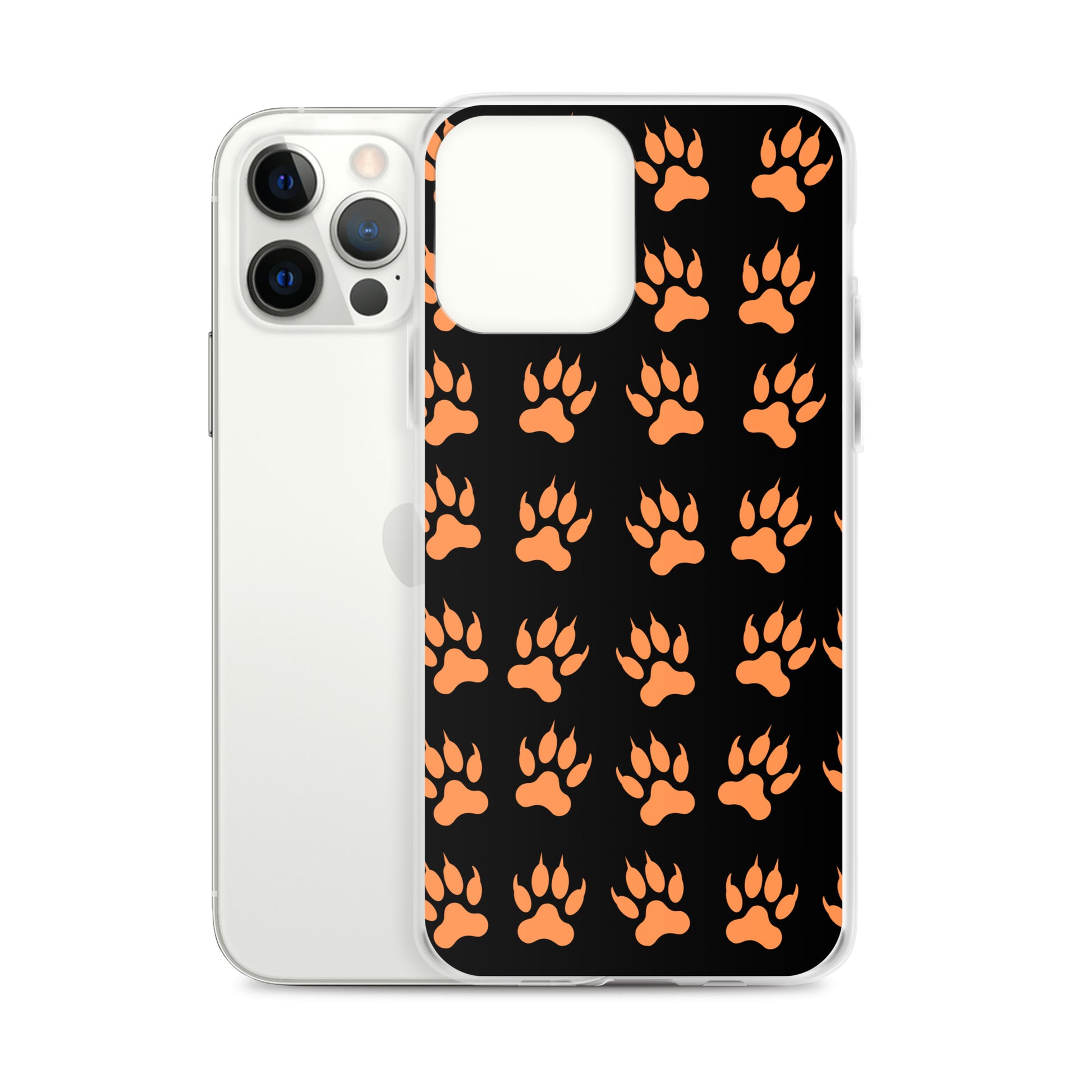 PJ Designs protective tiger paw phone cover with orange paw prints on black background for iPhone