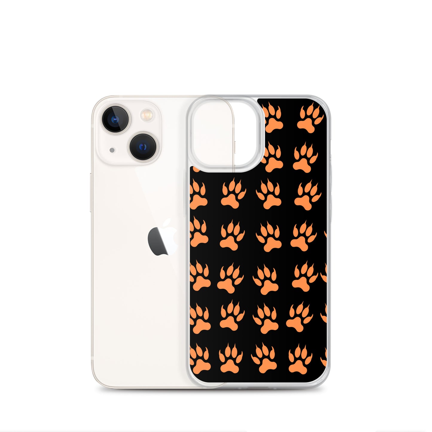 PJ Designs protective tiger paw phone cover with orange paw prints on black  background for iPhone