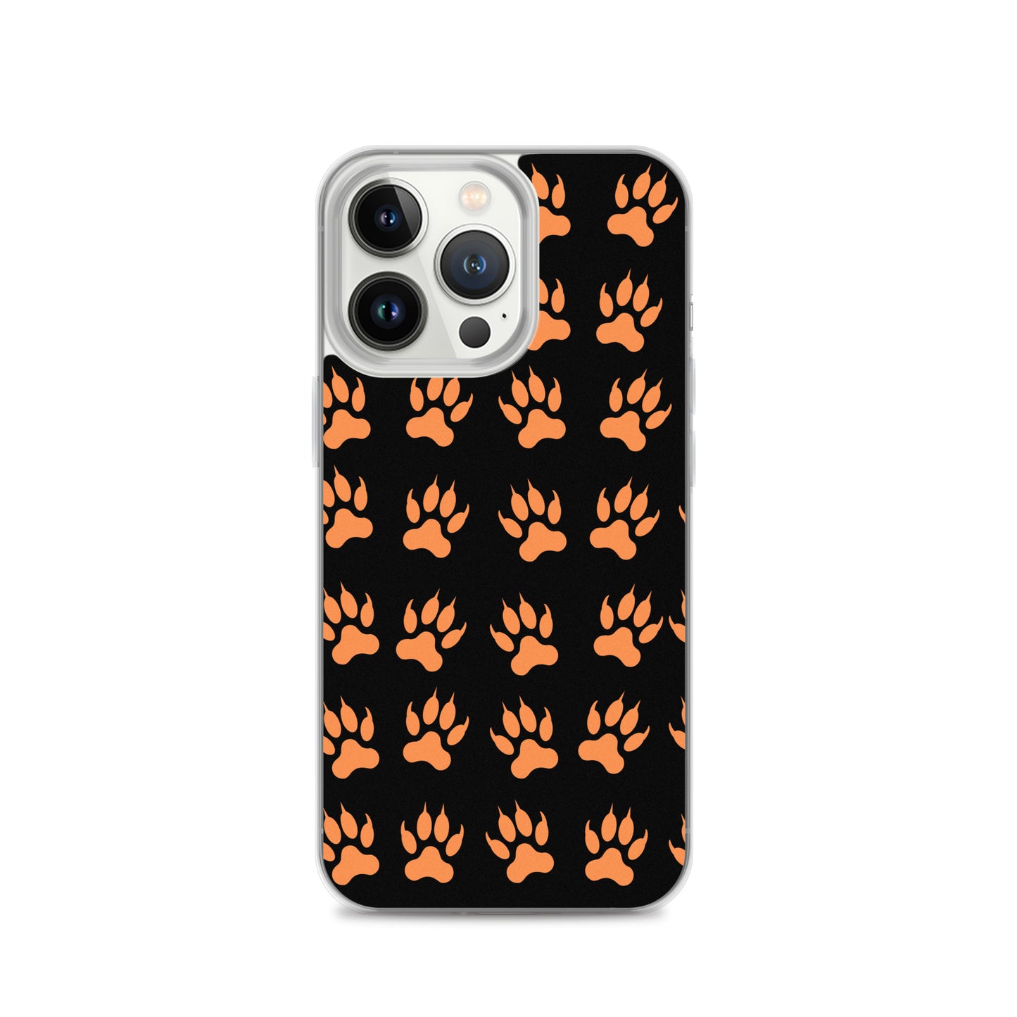 PJ Designs protective tiger paw phone cover with  orange paw prints on black background