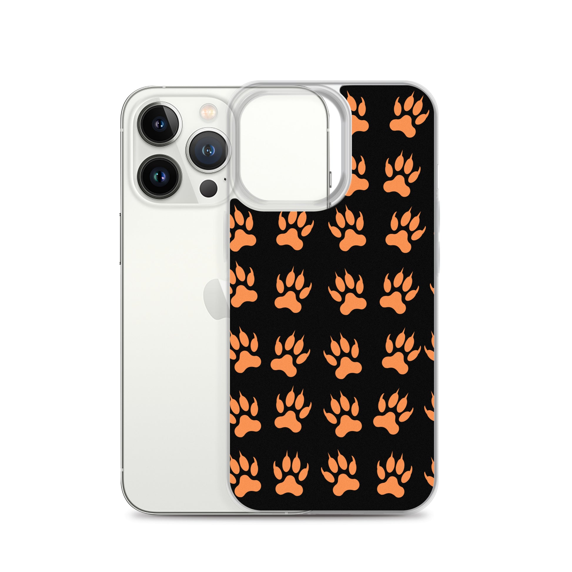  PJ Designs protective tiger paw phone cover with orange paw prints on black background for iPhone