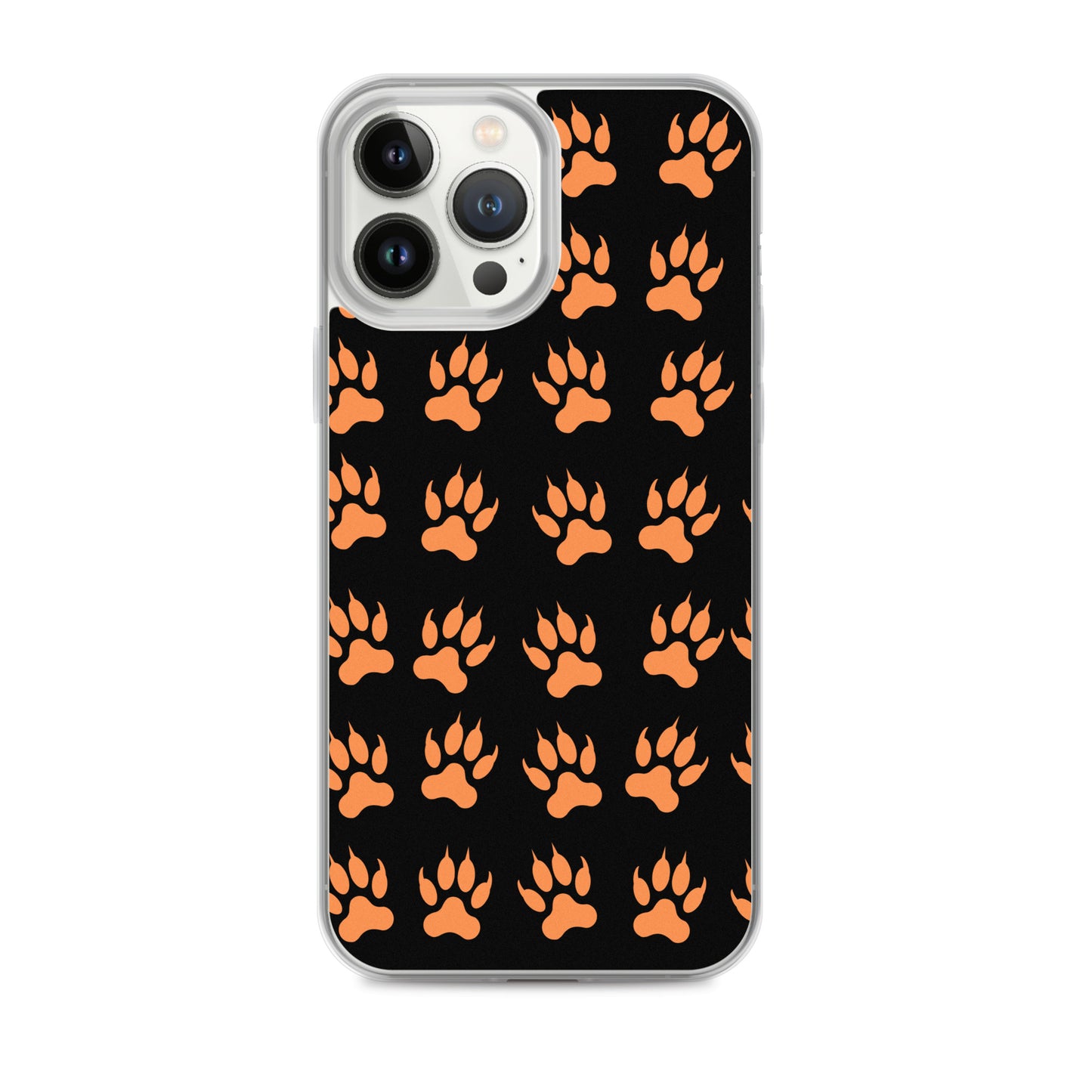 PJ Designs protective tiger paws phone cover with orange paw prints on black background