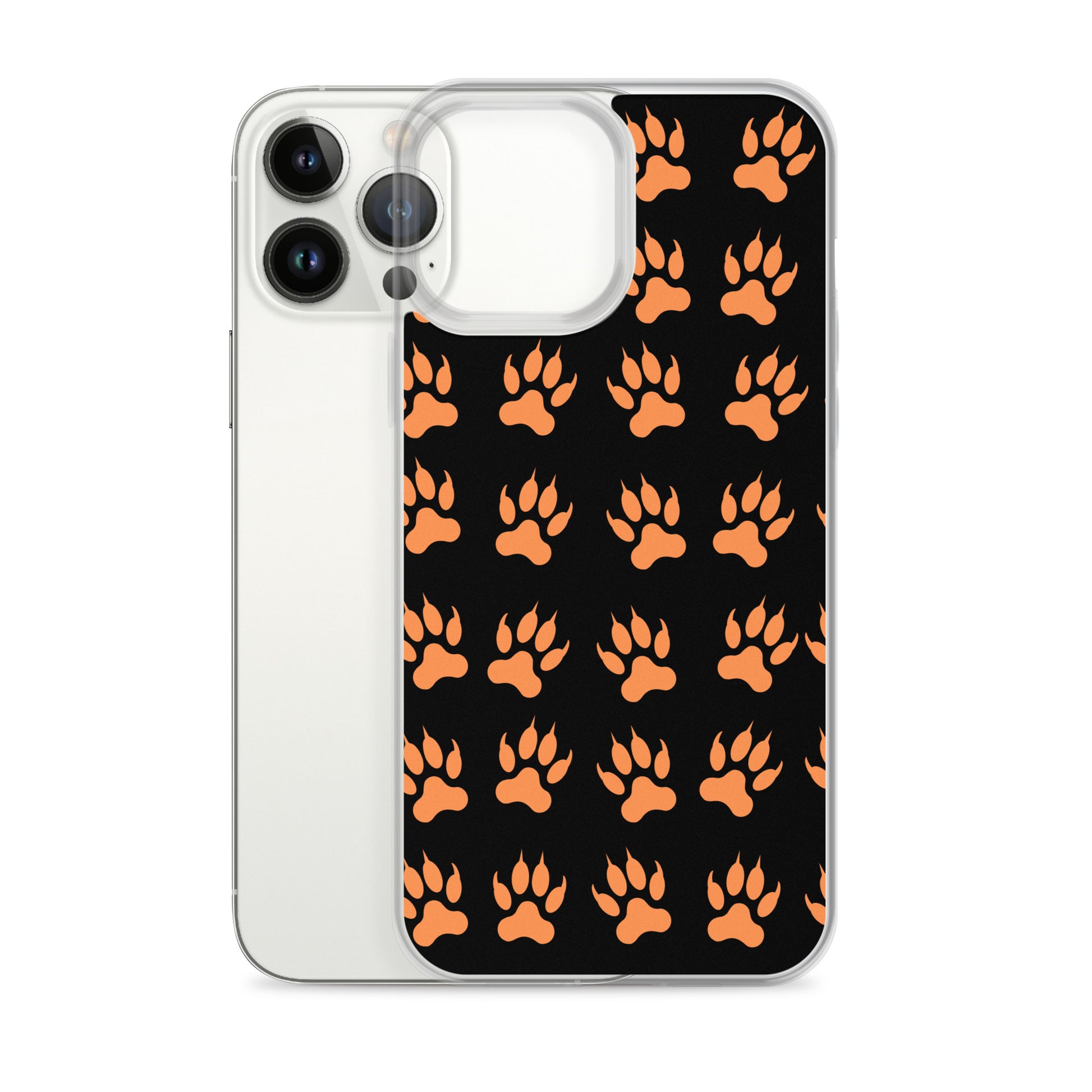 PJ Designs protective tiger  paw phone cover with orange paw prints on black background