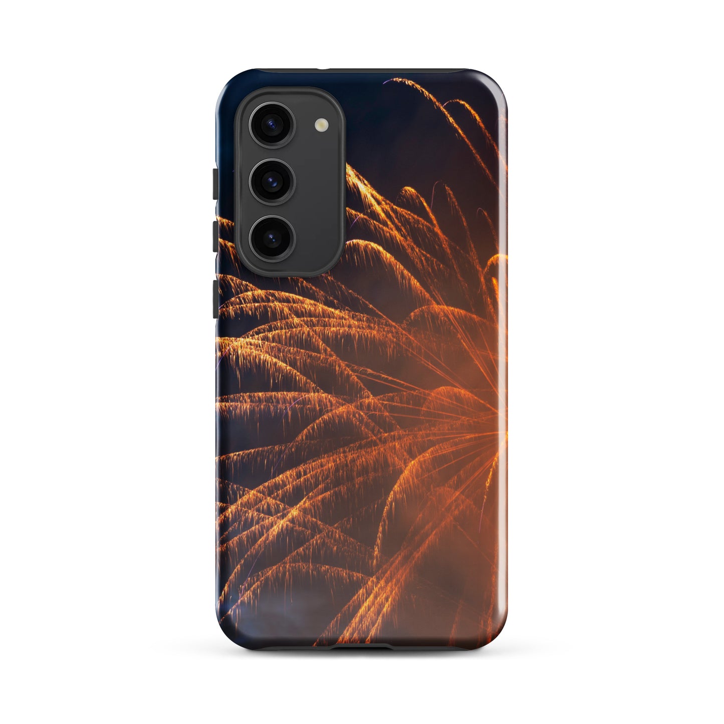 PJ Designs protective Samsung case firework design with bright orange fireworks on dark background