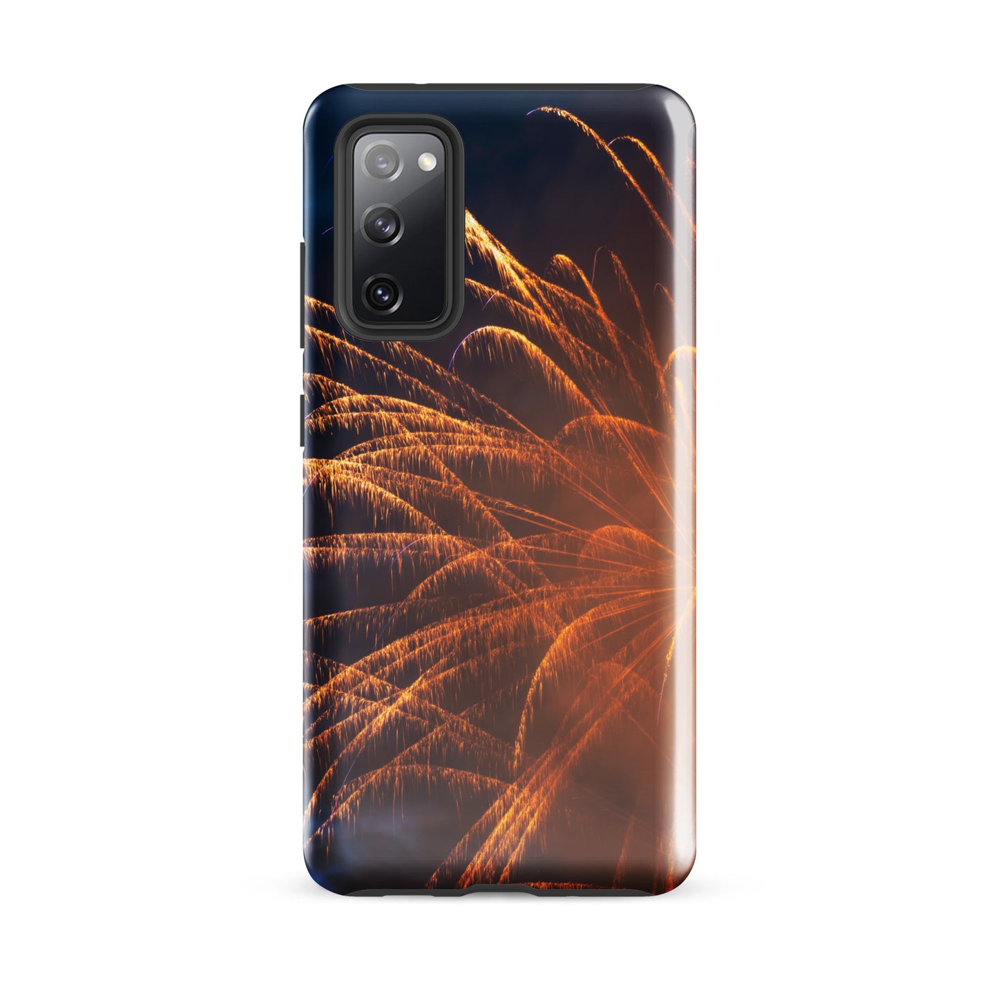 Protective Samsung case firework design by PJ Designs with orange fireworks on dark background