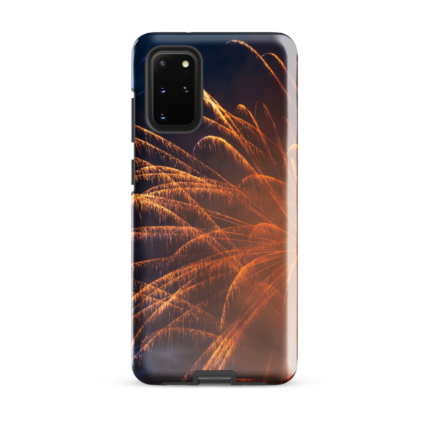 PJ Designs protective Samsung case firework design with orange fireworks on black background