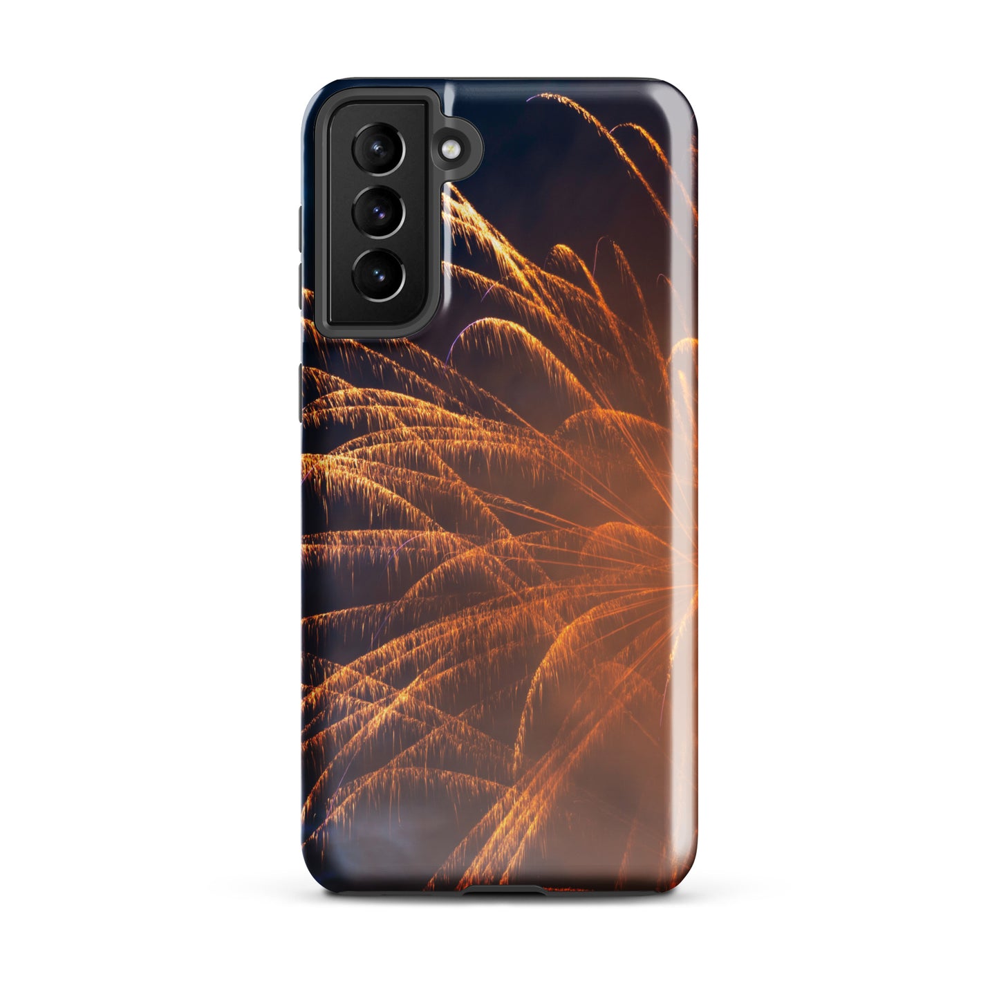 PJ Designs protective Samsung case firework design with orange fireworks explosion on black background