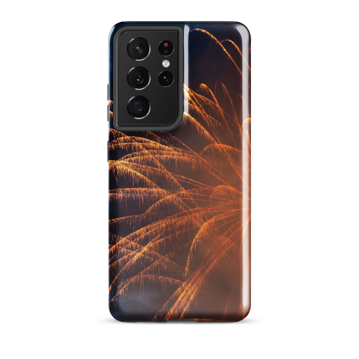 PJ Designs protective Samsung case firework design with orange fireworks pattern on black background
