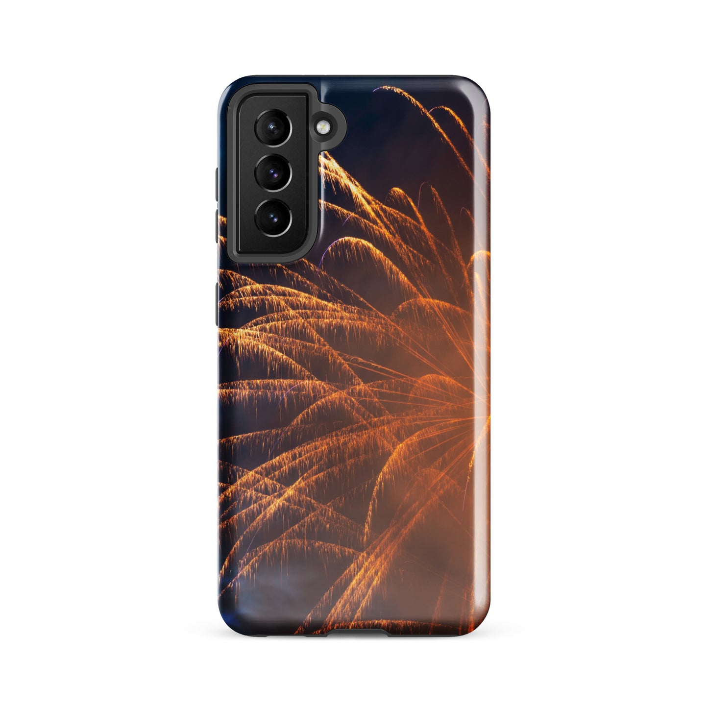 Protective Samsung case firework design by PJ Designs with bright orange fireworks on dark background