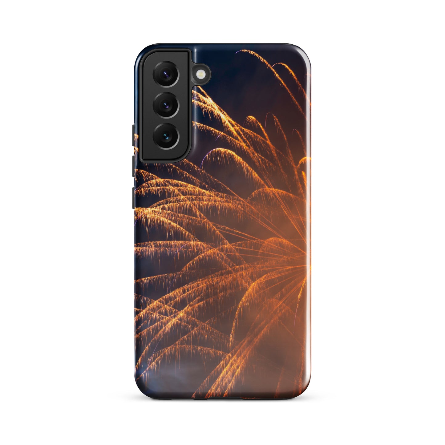 Protective Samsung case firework design by PJ Designs featuring vibrant orange fireworks on a dark background