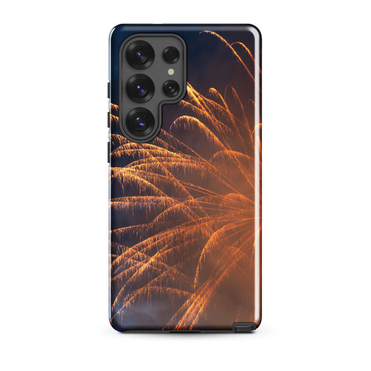 Protective Samsung case firework design with vibrant orange fireworks on dark background