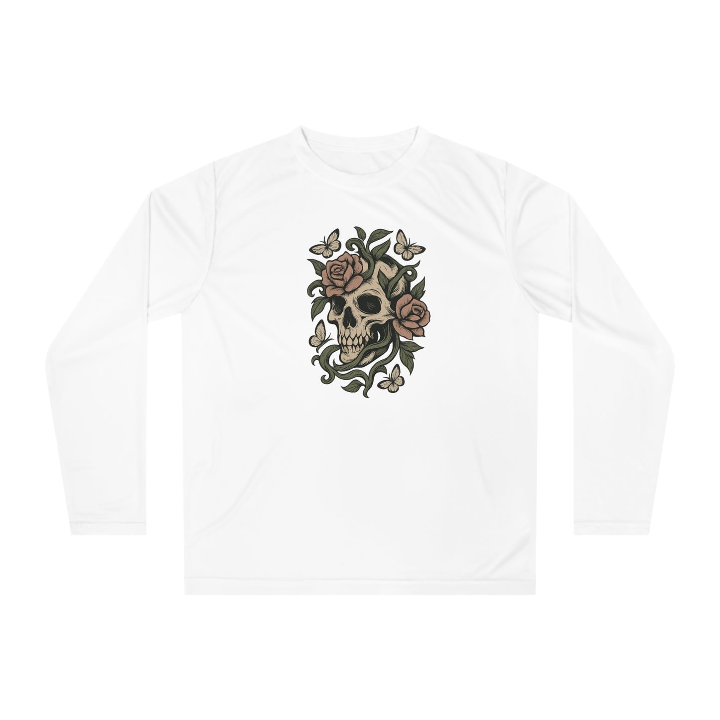 White long sleeve skull and roses performance shirt with floral skull graphic design