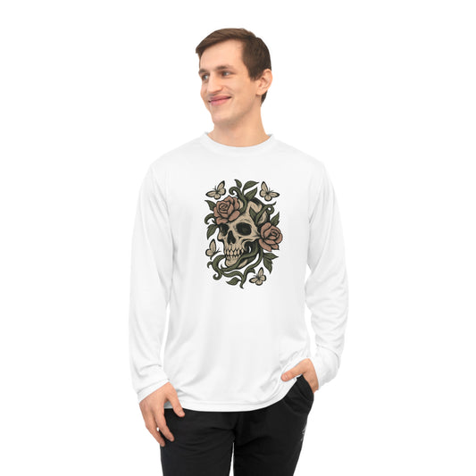 White long-sleeve skull and roses performance shirt featuring skull and rose design on front