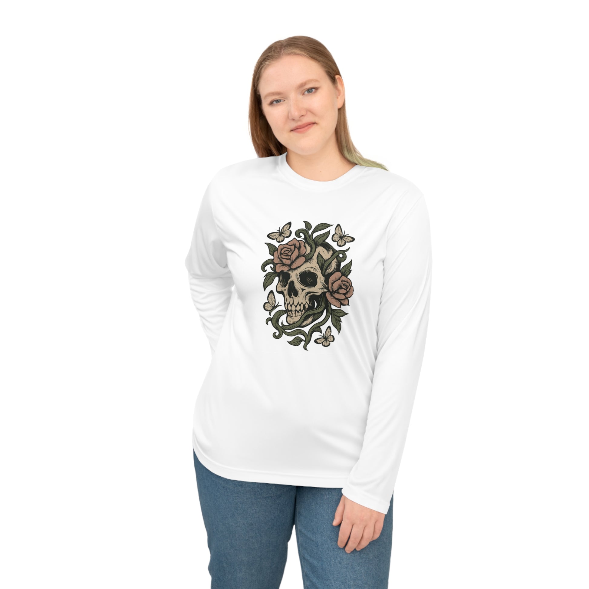 Woman wearing white long-sleeve skull and roses performance shirt with floral skull design