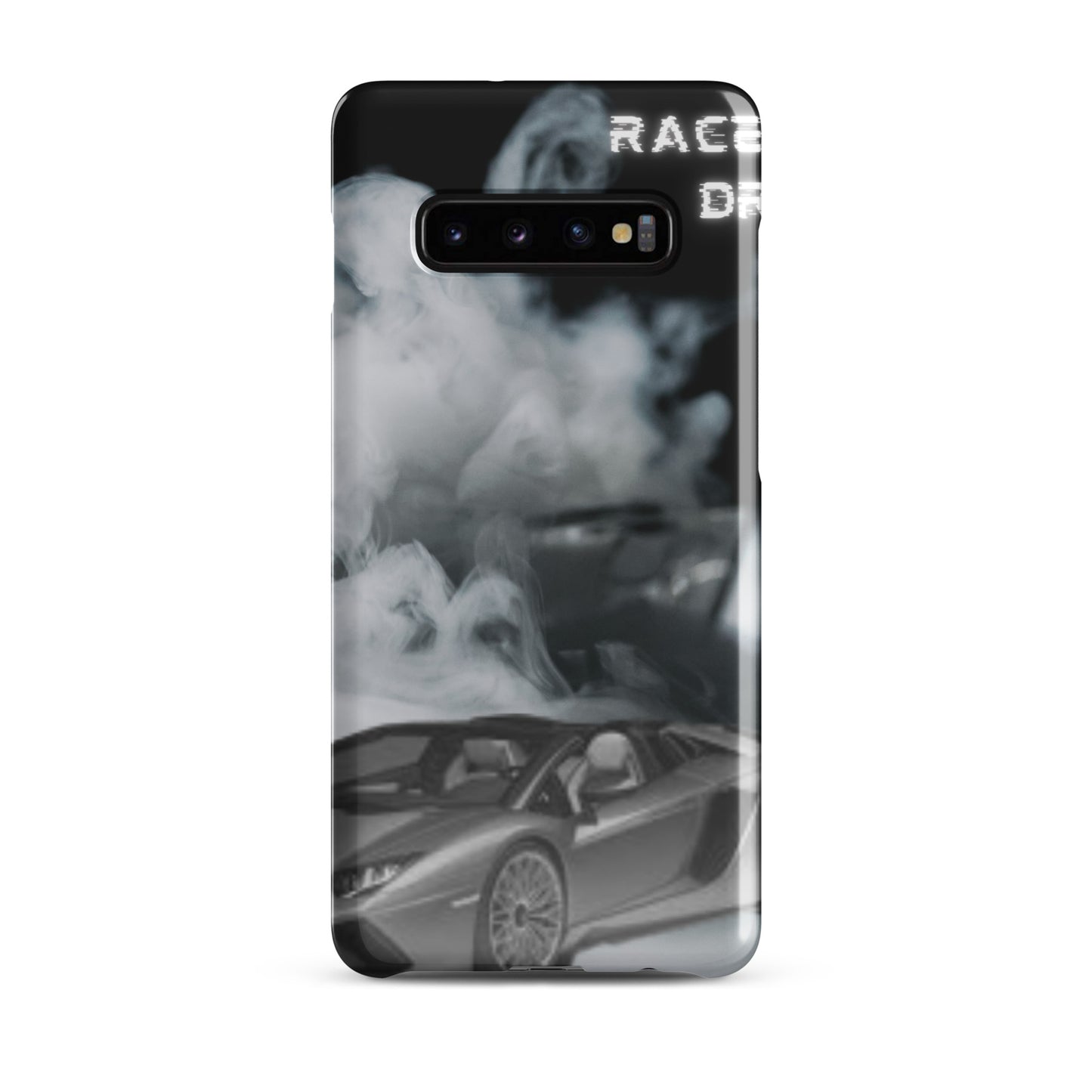 PJ Designs unique snap cases for Samsung Galaxy with smoky race car design in black and gray