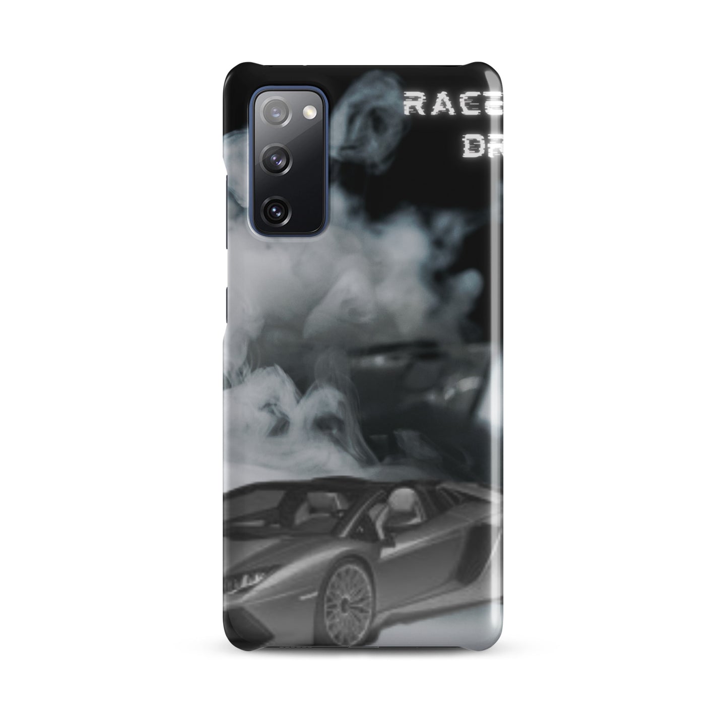 PJ Designs unique snap cases for Samsung Galaxy featuring smoky race car design and sleek black background