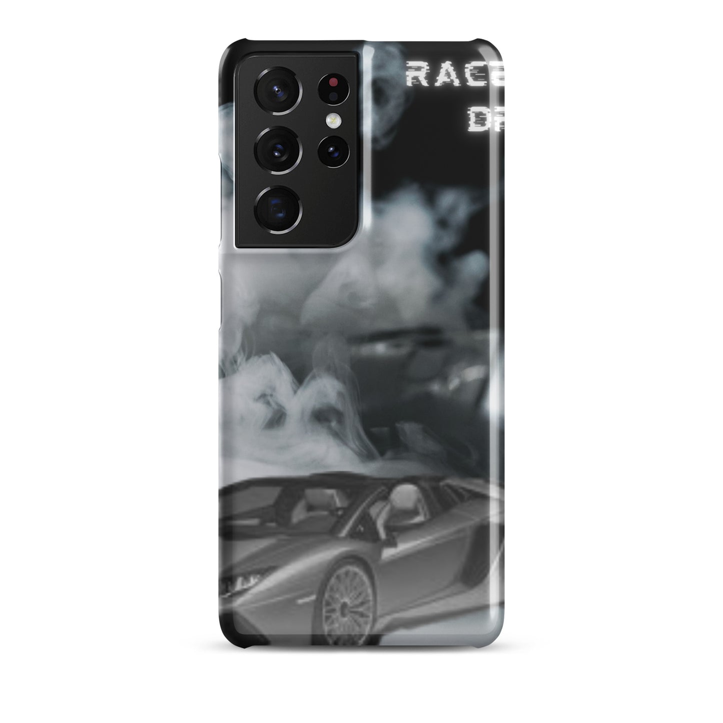 PJ Designs unique snap cases for Samsung Galaxy featuring a sleek black racing car design with smoky effects