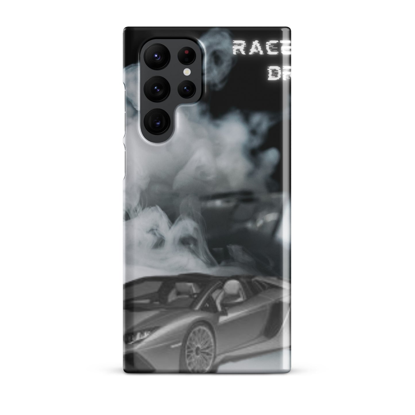 PJ Designs unique snap cases for Samsung Galaxy with black and white smoky sports car design