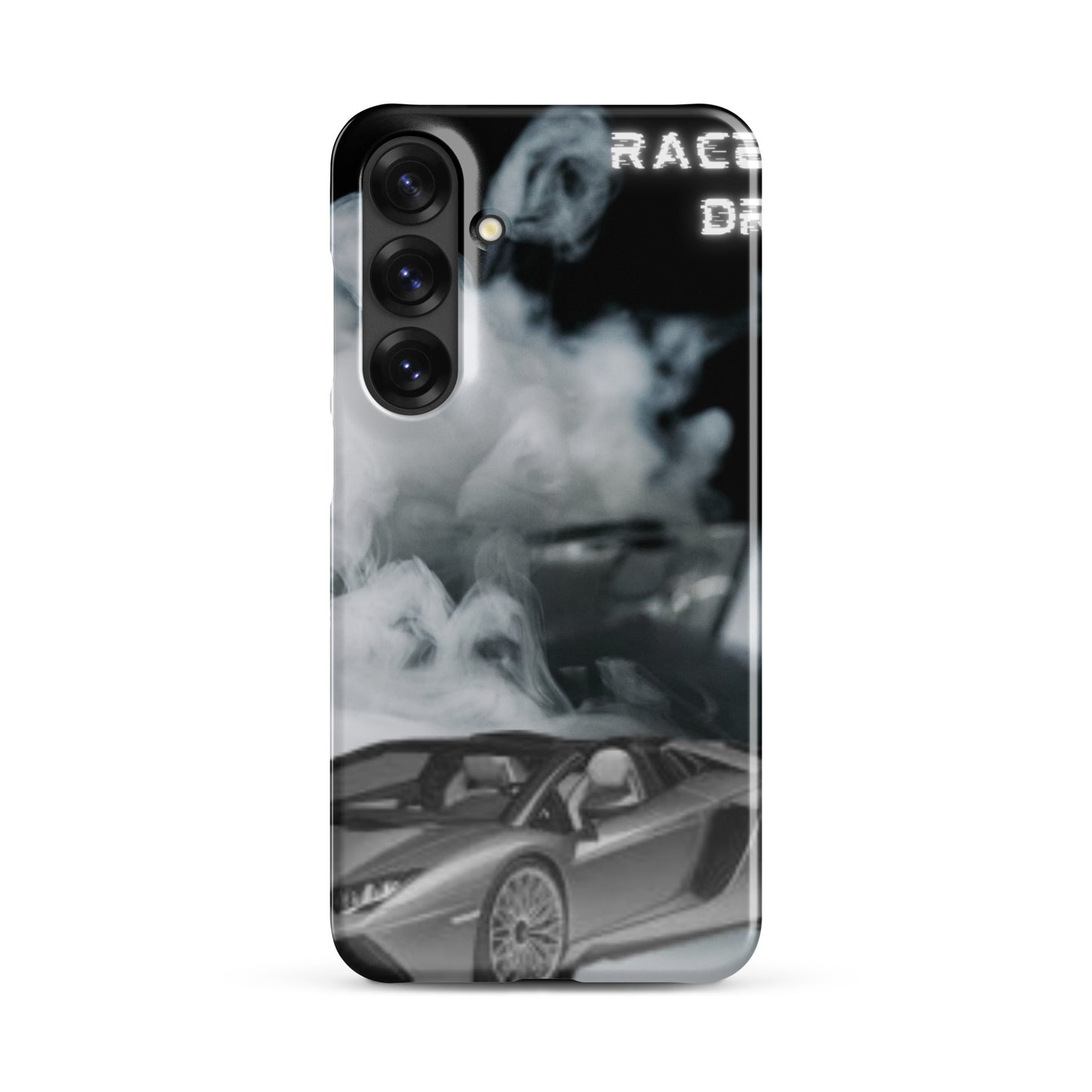 PJ Designs unique snap cases for Samsung Galaxy featuring a sleek sports car with smoke effects