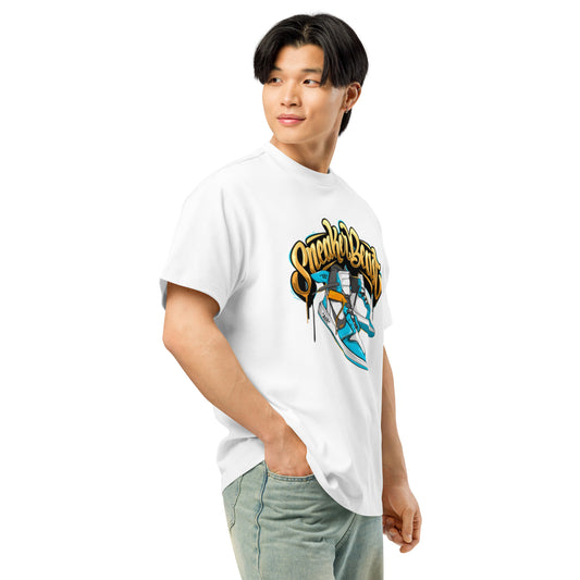PJ Designs unisex street style box tee white with colorful sneaker graffiti graphic on model