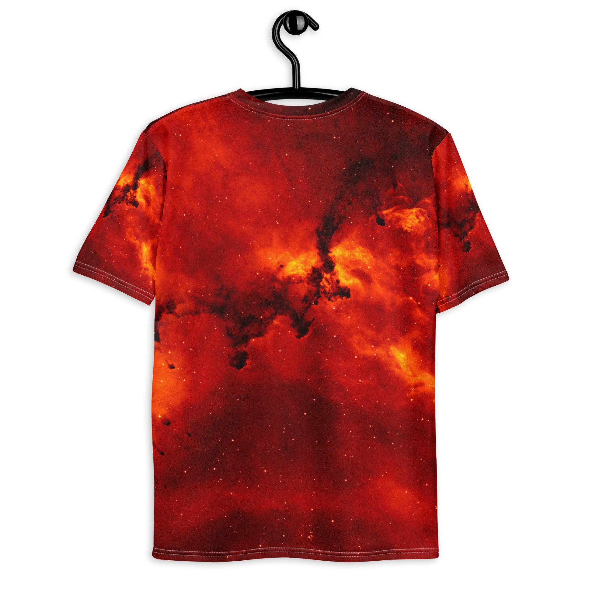 PJ Designs streetwear fire print tee with vibrant red and orange flame graphic on back