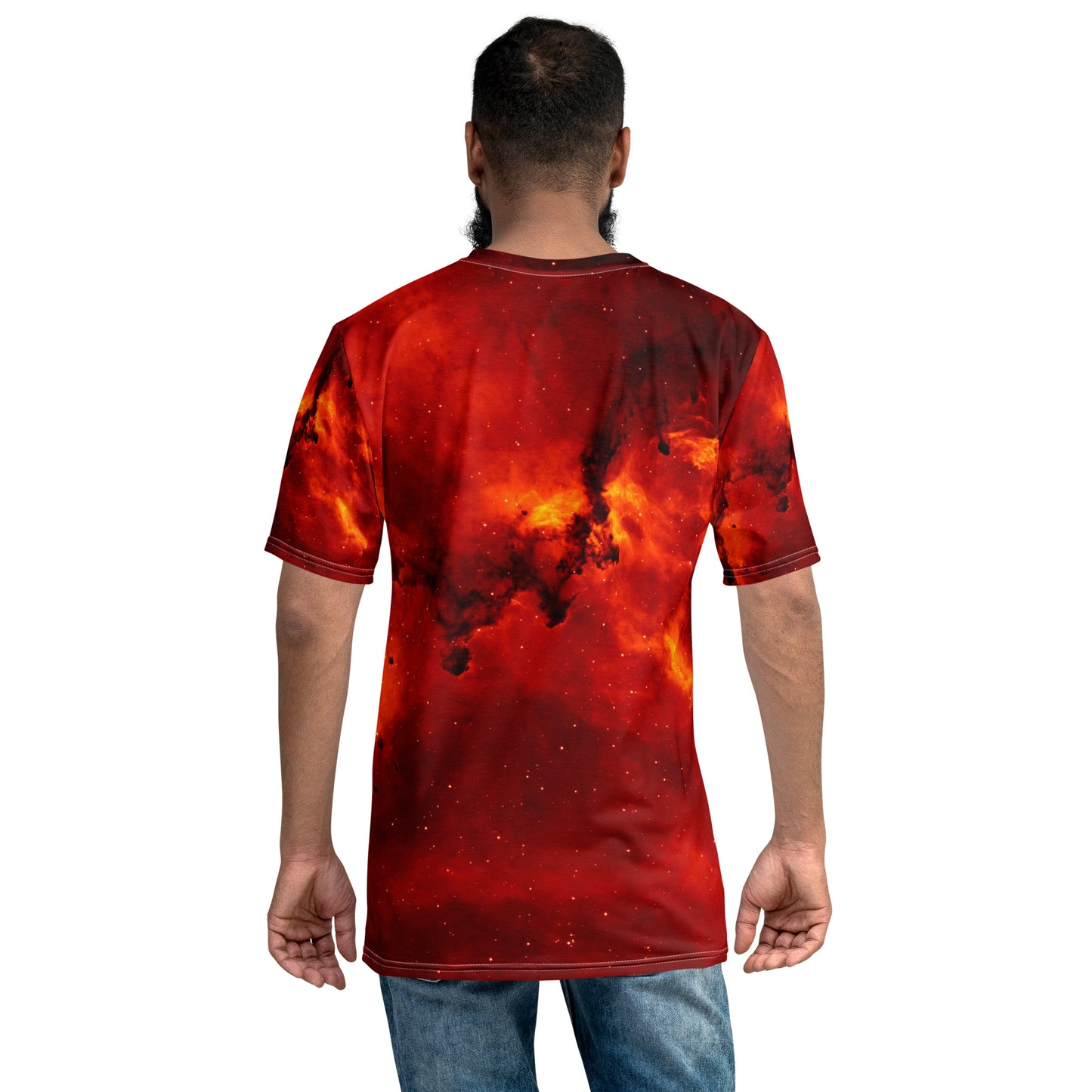 PJ Designs streetwear fire print tee showing vibrant red and orange flames on the back