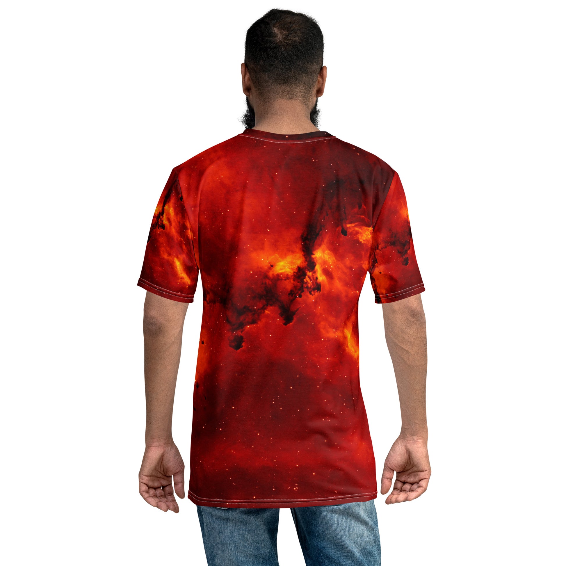 PJ Designs streetwear fire print tee showing vibrant red and orange flames on the back