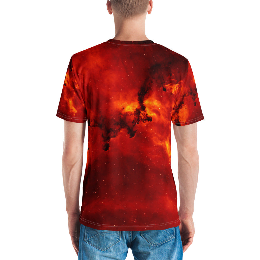 PJ Designs streetwear fire print tee showing vibrant red and orange flame design on back