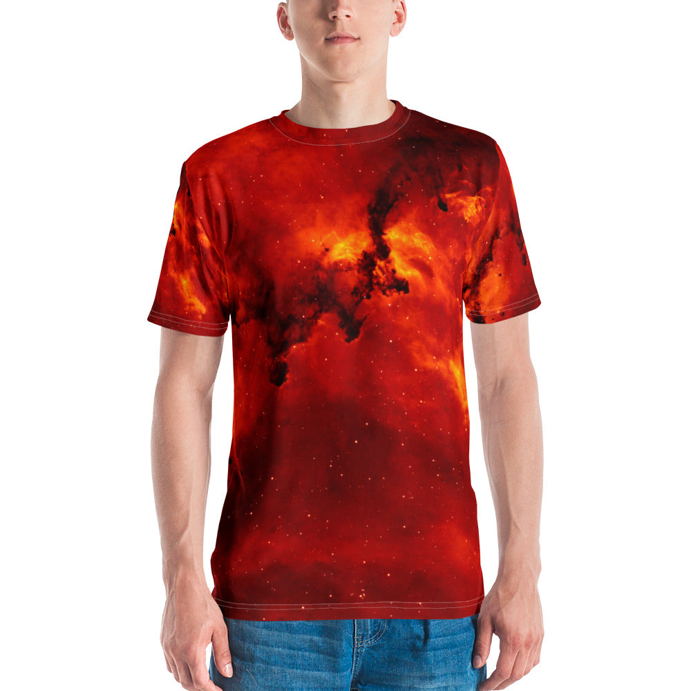 PJ Designs streetwear fire print tee with vibrant red and orange flame design on front