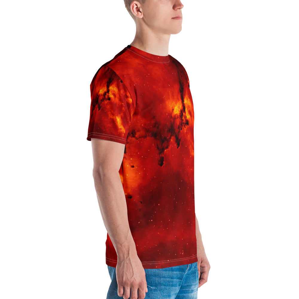 PJ Designs streetwear fire print tee in red with black fiery pattern worn by male model