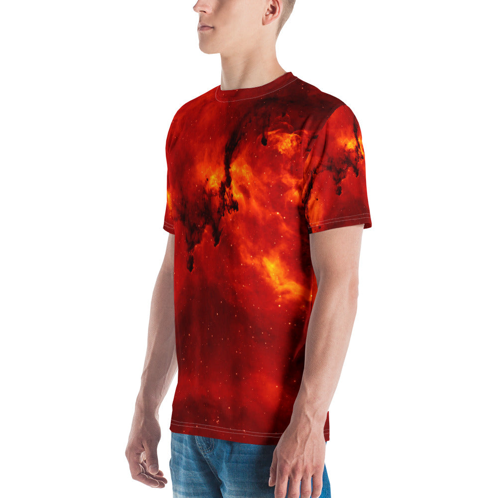 PJ Designs streetwear fire print tee with vibrant fiery red and orange galaxy design on a short sleeve T-shirt