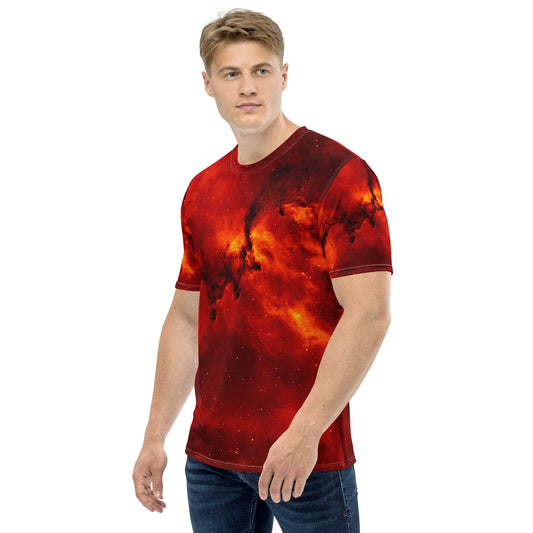 PJ Designs streetwear fire print tee featuring vibrant red and orange flames on a short sleeve t-shirt