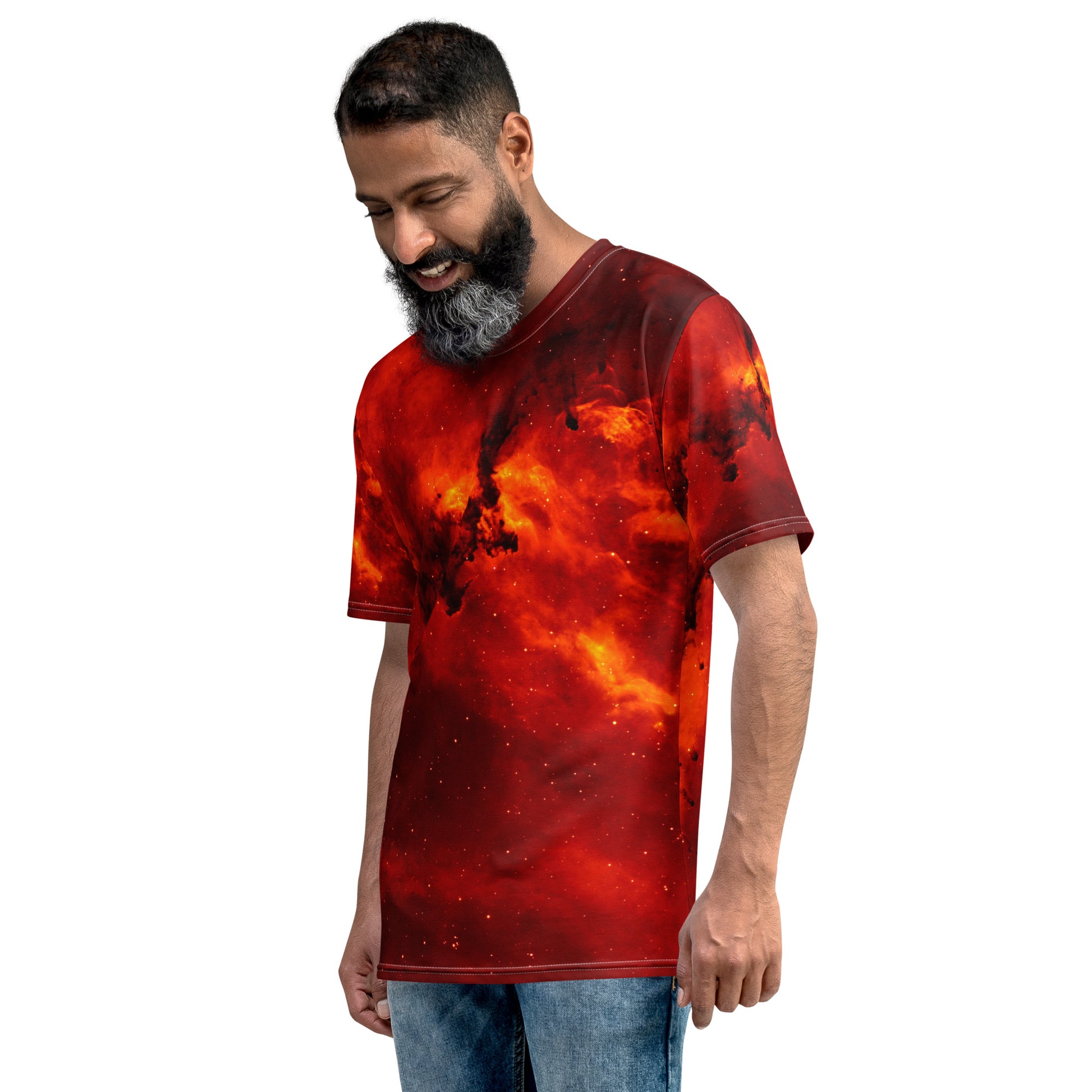 PJ Designs streetwear fire print tee featuring vibrant red and orange fiery design on a short sleeve t-shirt