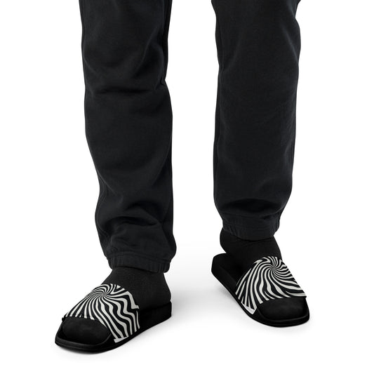PJ Designs streetwear slides for men with black and white zebra stripe pattern worn with black pants