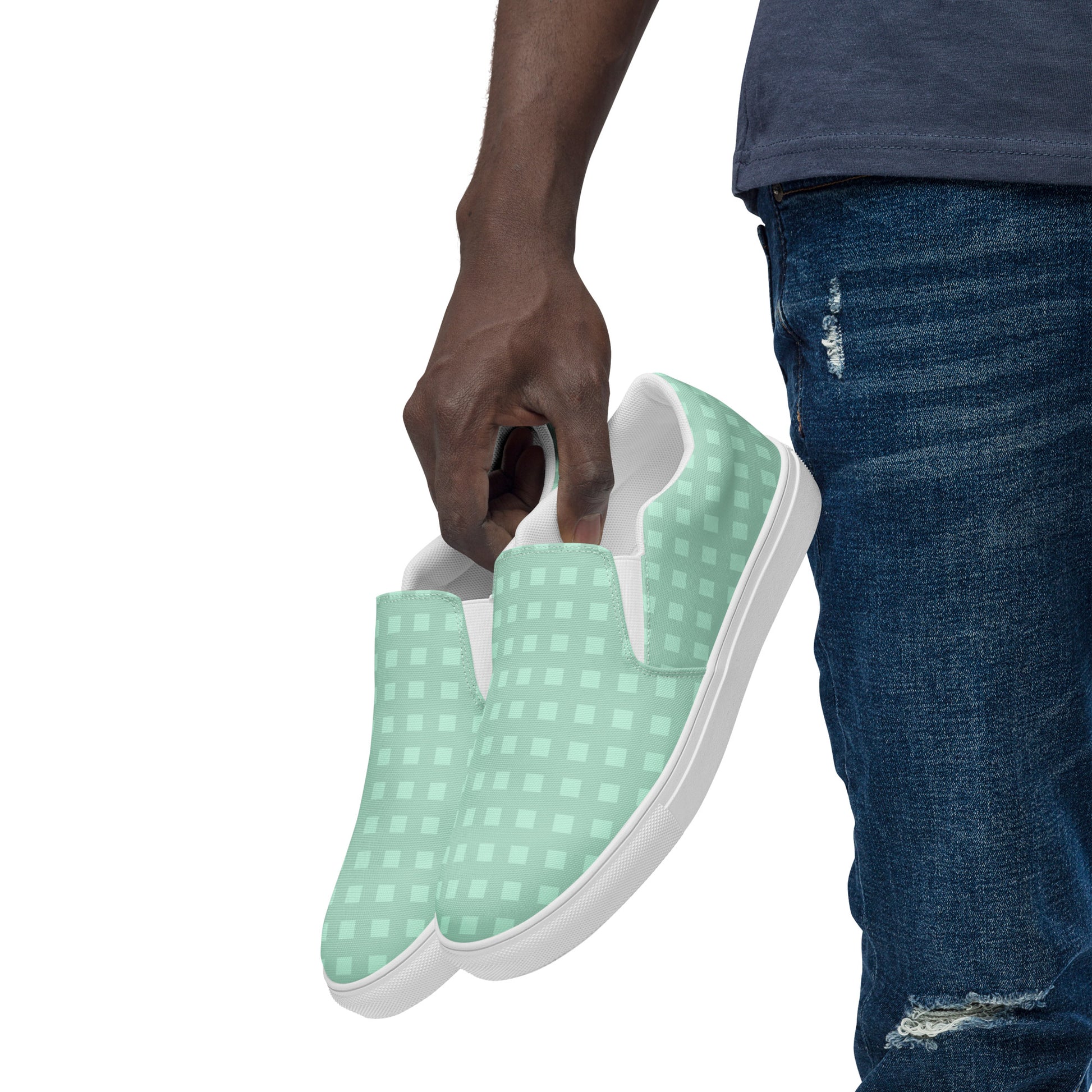PJ Designs stylish canvas sneakers for men in light green with white checkered pattern and white soles