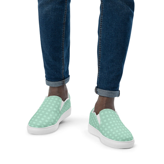 PJ Designs stylish canvas sneakers for men in light green with white sole worn with rolled-up jeans