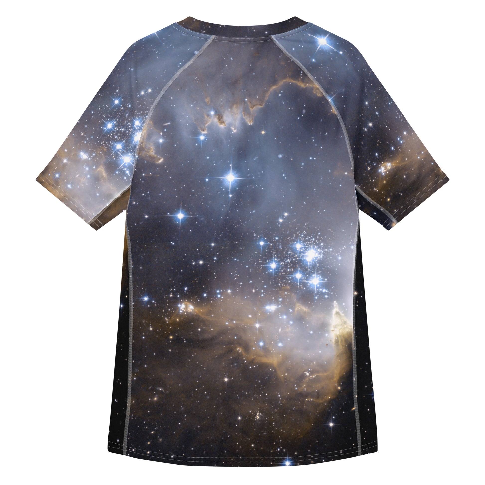 PJ Designs stylish men’s rash guard top featuring a space galaxy print with stars and nebulae