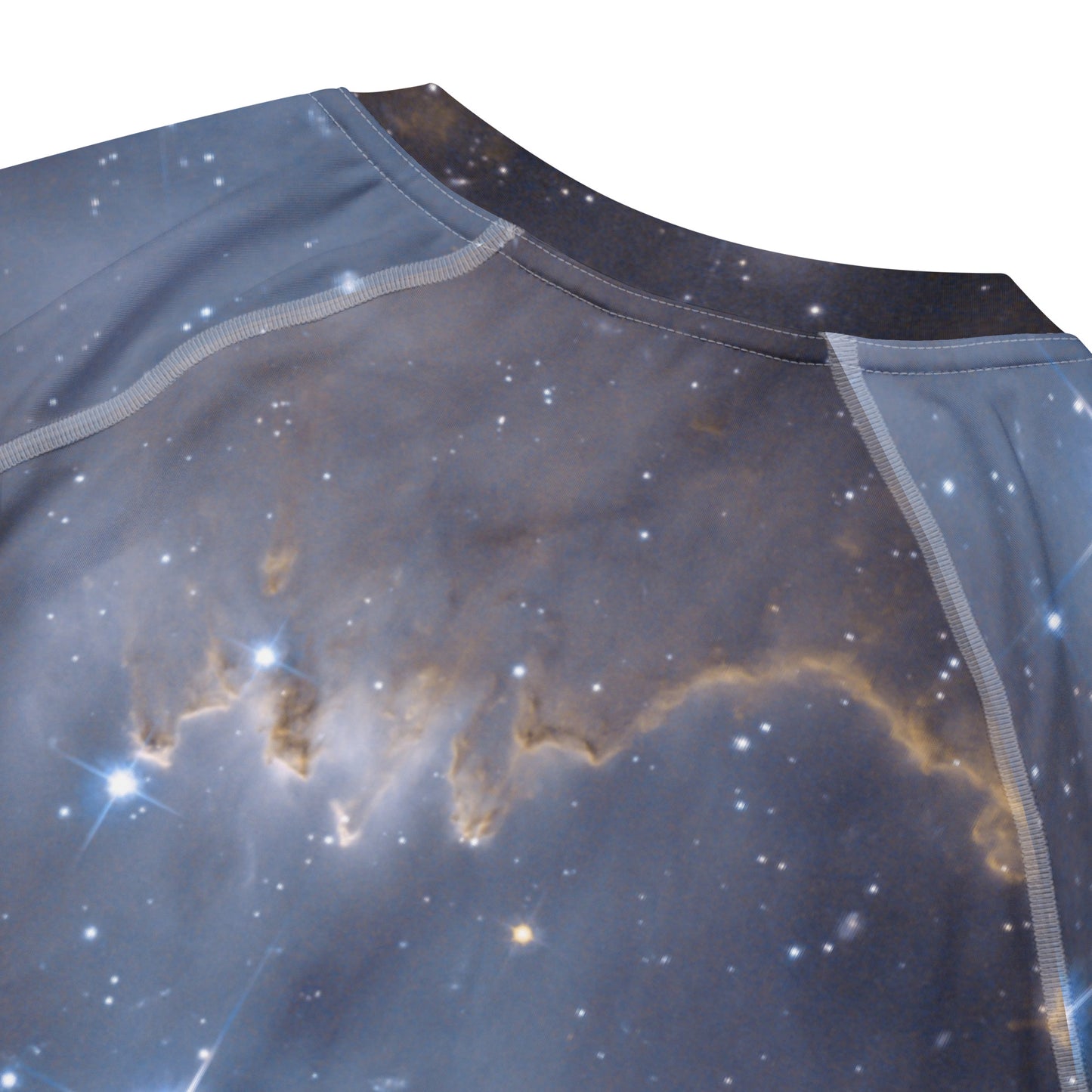 PJ Designs stylish men’s rash guard top with cosmic starry sky print and contrast stitching