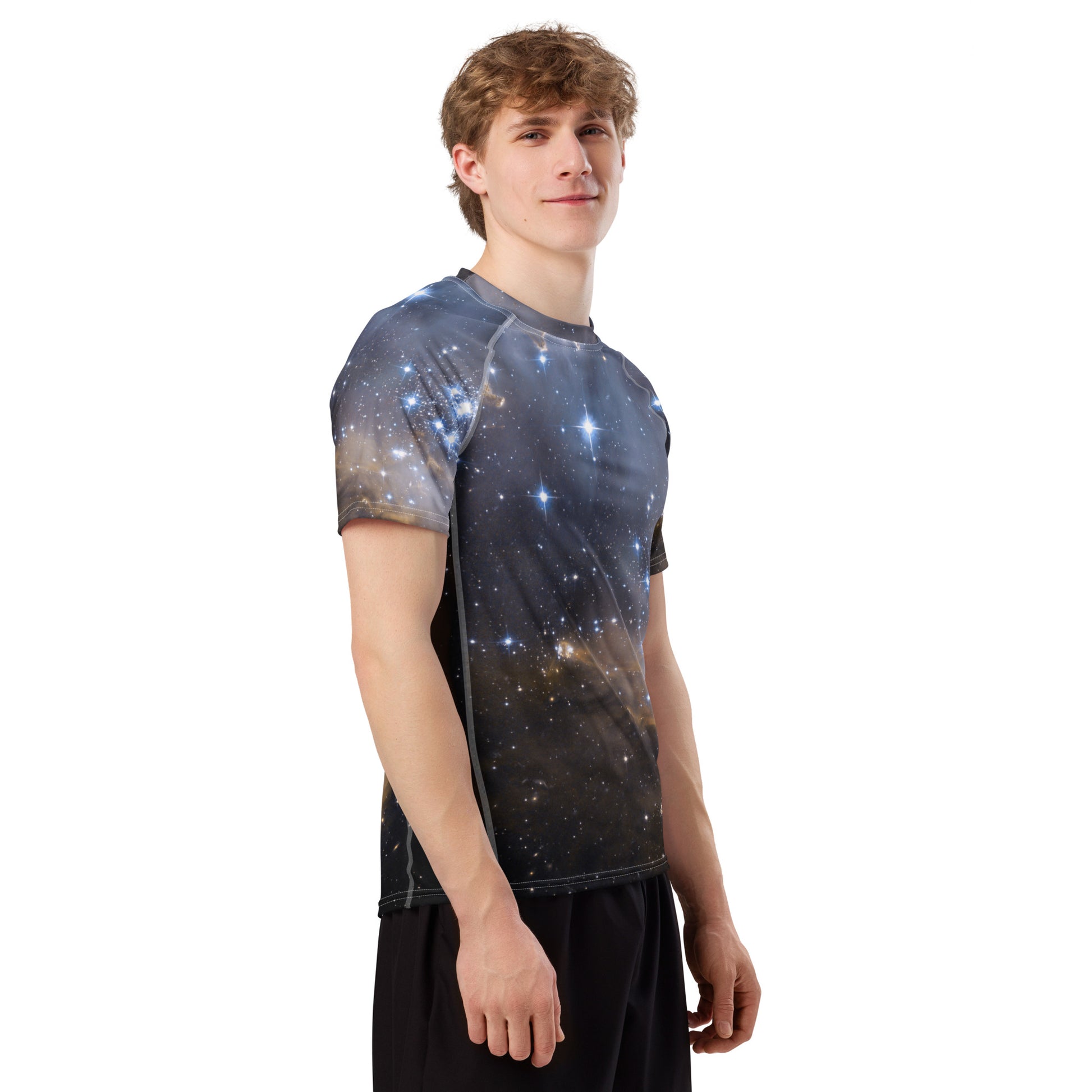 PJ Designs stylish men’s rash guard top with galaxy star pattern worn by male model