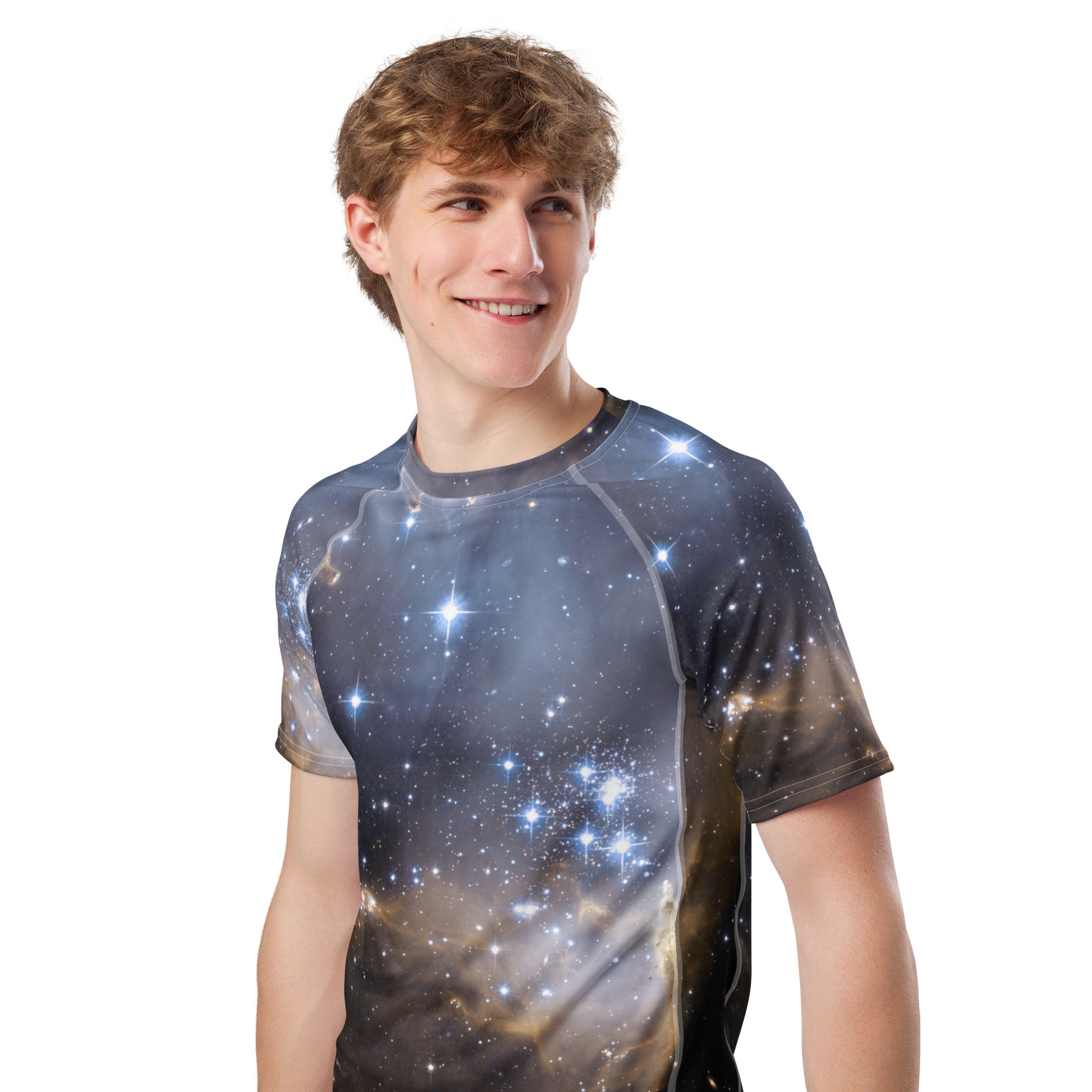 PJ Designs stylish men’s rash guard top with galaxy star print and short sleeves
