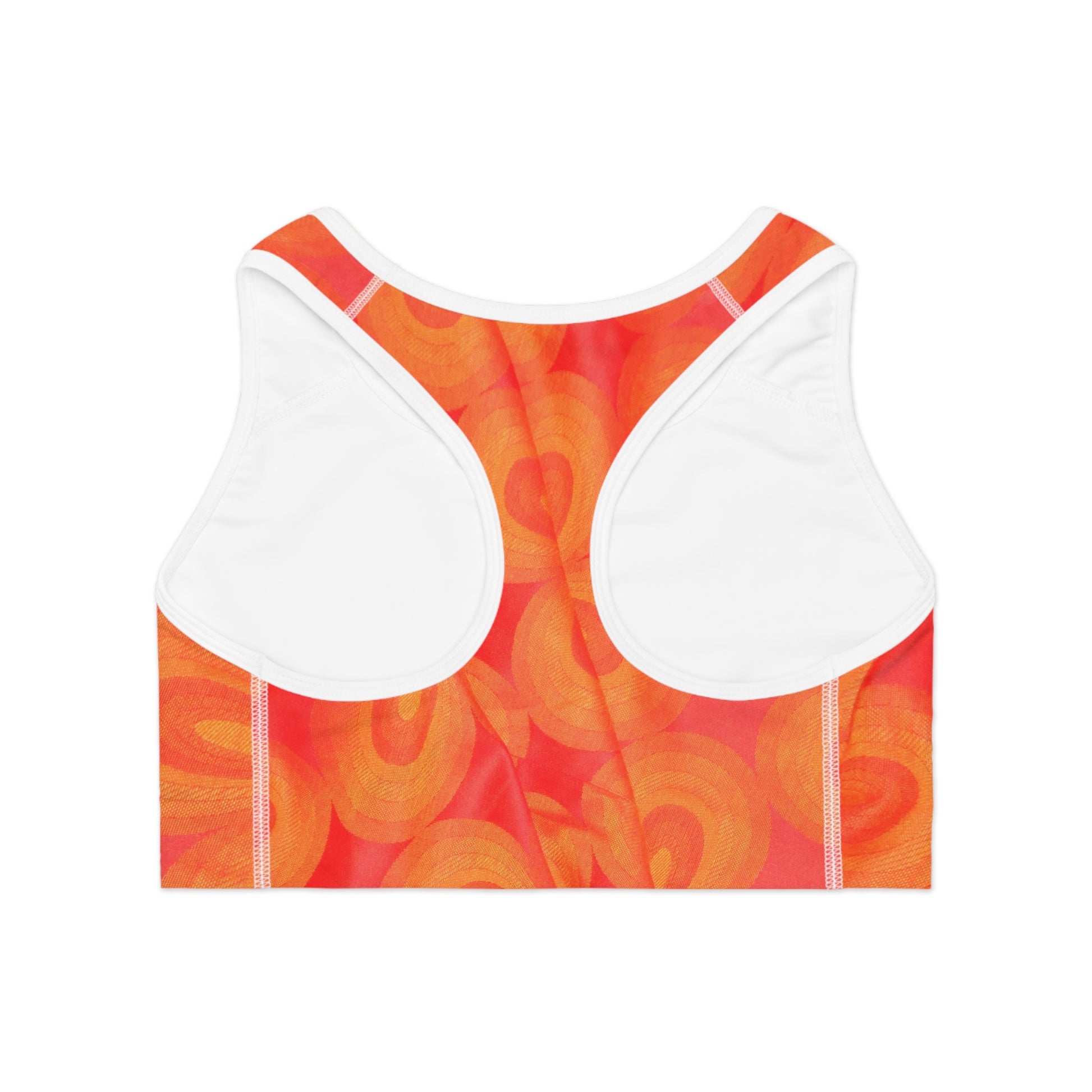 Printify all over prints summer fitness activewear top with vibrant orange swirl design and racerback style