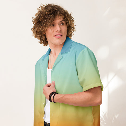 PJ Designs summer short sleeve unisex shirt with gradient blue green and yellow colors on male model